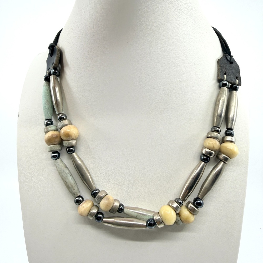 VTG Southwestern Strand Liquid Silver Tone Style Bone Bead Cord Layered Necklace